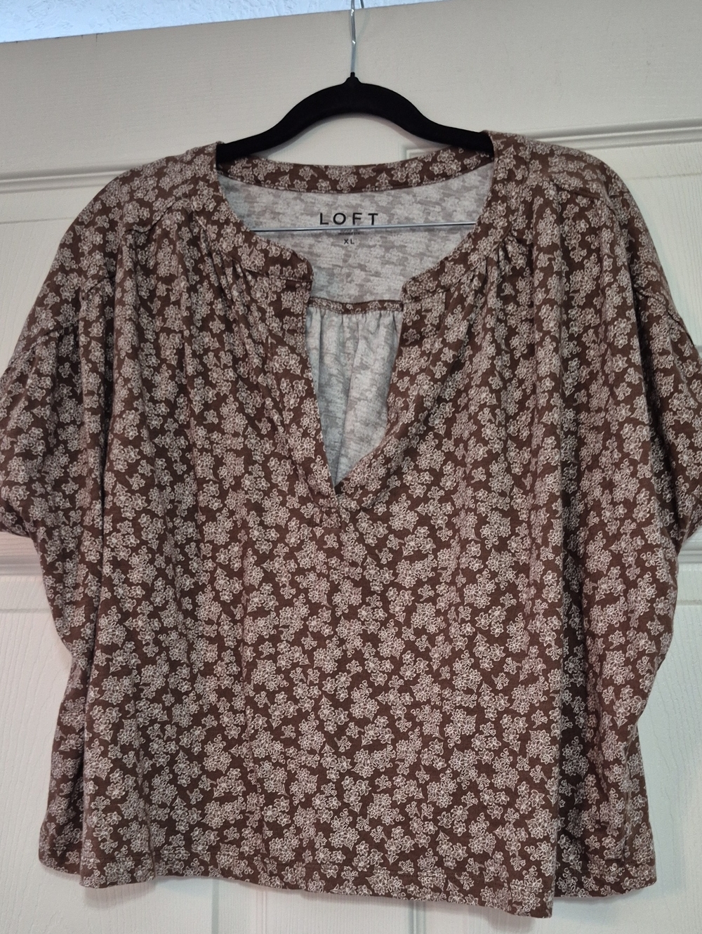 LOFT Brown and Cream Floral Split-Neck Blouse
